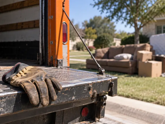 Junk removal crew carrying a sofa to a box truck in San Antonio