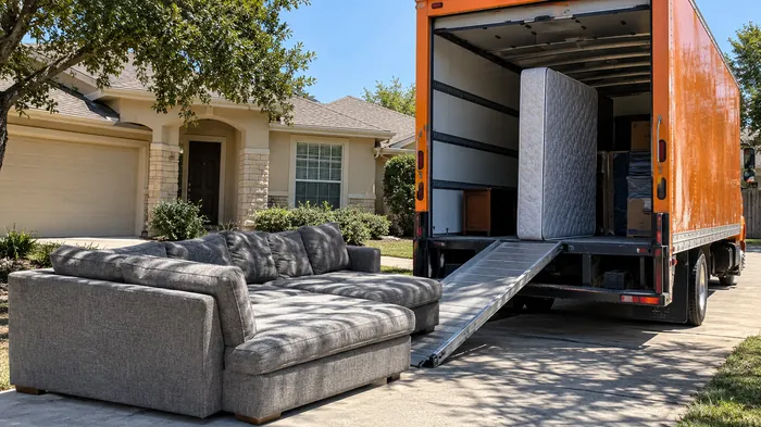 Two crew members carrying a gray sectional sofa down an exterior stairway to a box truck