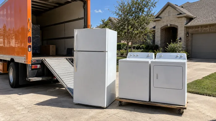 Crew member wheeling a white refrigerator on a hand truck from a garage to the truck