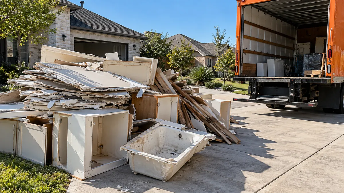 Pile of drywall, lumber and old tile being loaded from a driveway into a junk truck