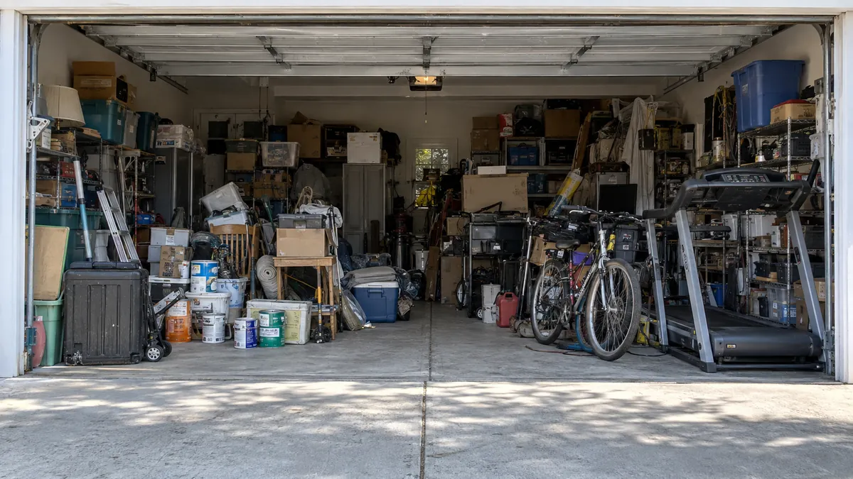 Cluttered two car garage being cleared with boxes and old tools stacked on the driveway