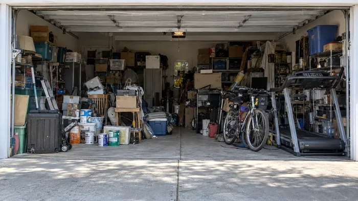 Two car garage swept clean with the driveway stacked with boxes and old tools for the truck