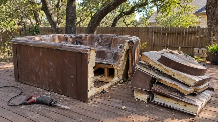 Old hot tub cut into carry sized sections on a backyard patio beside a side gate